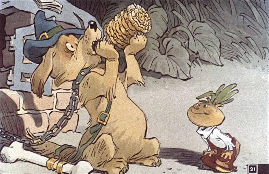 Imagine animată cu un câine pe o lanț și un băiețel zâmbitor.