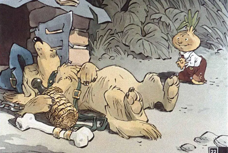 Ilustrație animată cu un câine culcat pe spate lângă un rucsac, iar un personaj asemănător cu un ceapă stă în picioare, observându-l.