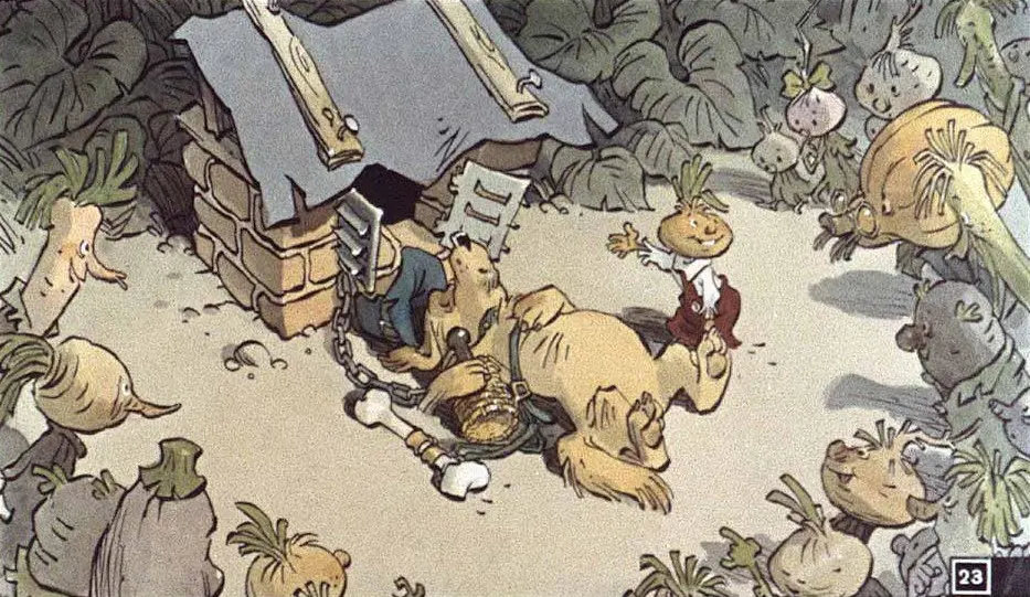 Ilustrație cu legume animate în jurul unui câine legat, într-un peisaj de grădină.