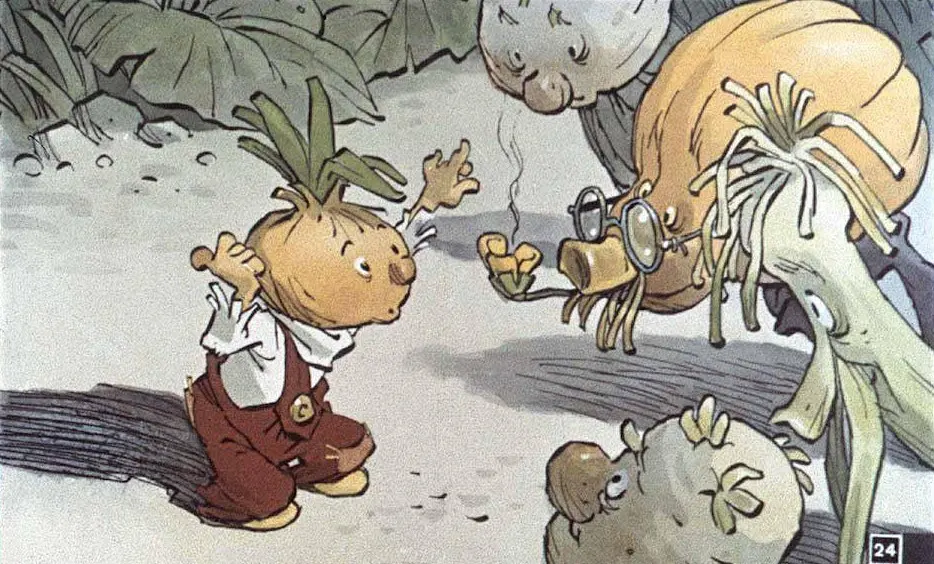 Un personaj cu un cap de ceapă interacționează cu alte personaje vegetale într-un peisaj cartoon.