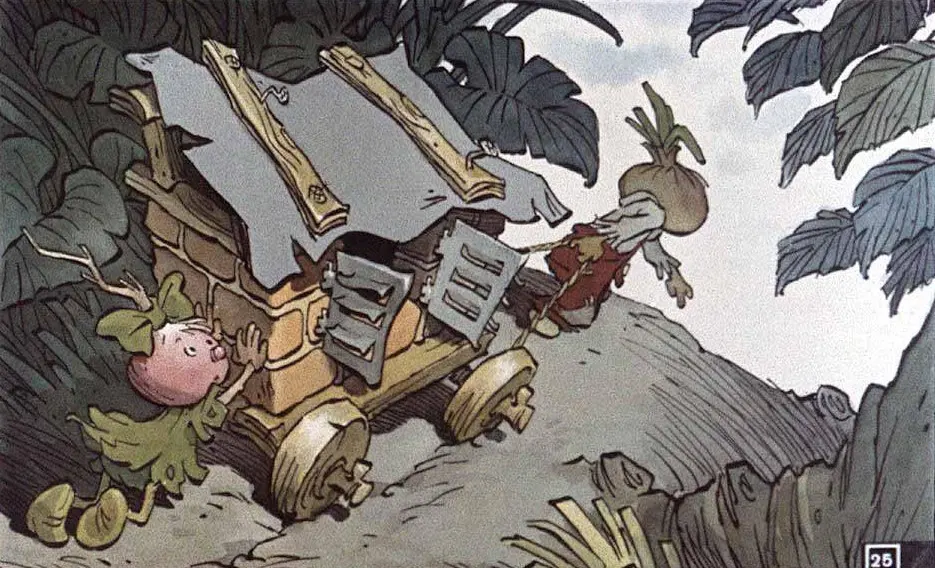 Ilustrație animată cu două personaje fantastice, unul verde și unul cu părul de ceapă, lângă o caruță în mijlocul naturii, înconjurate de plante și copaci.