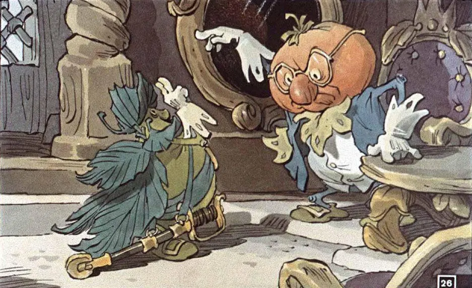 Ilustrație animată cu personaje în costume colorate, unul arătând spre celălalt.