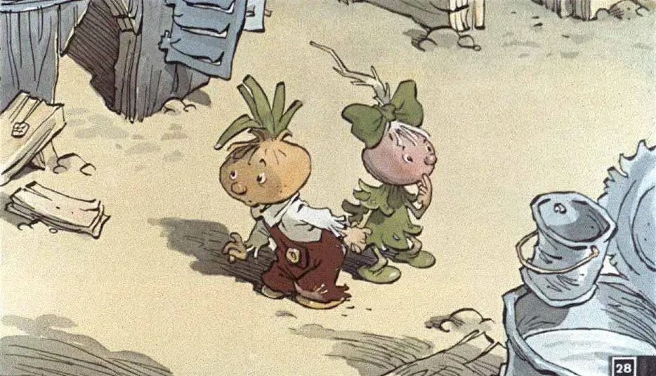 Ilustrație animată cu personaje care seamănă cu legume, aflate într-un peisaj rural.