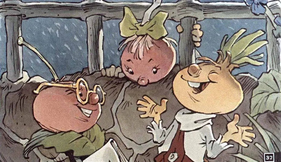 Imagine animată cu legume caricaturizate, interacționând într-un cadru vesel.