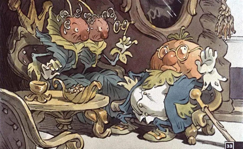 Imagine animată cu personaje fantastice care stau într-o cameră, unul dintre ele purtând ochelari, iar altul având un baston.