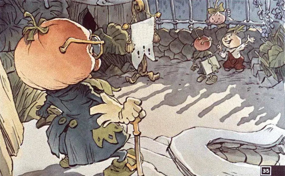 Un personaj cu o legumă pe cap îi avertizează pe ceilalți să nu vorbească cu copiii.