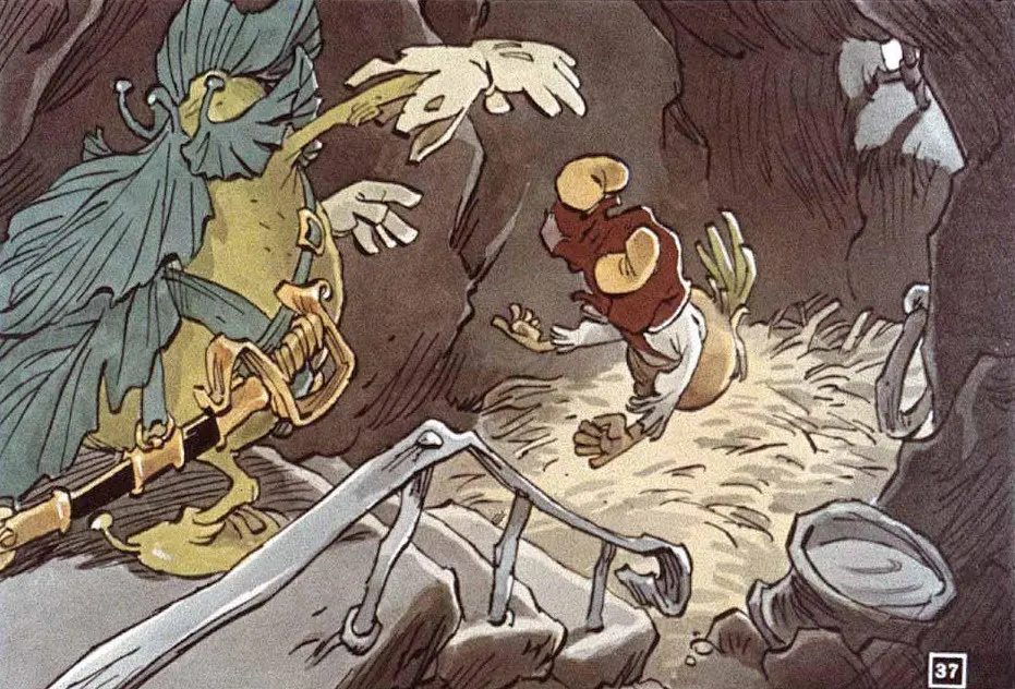 Imagină animată cu un personaj gânditor și alte figuri fantastice într-un decor de poveste.