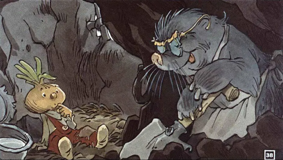 Imagine animată cu un personaj de tip legumă și un alt personaj animal într-o peșteră.