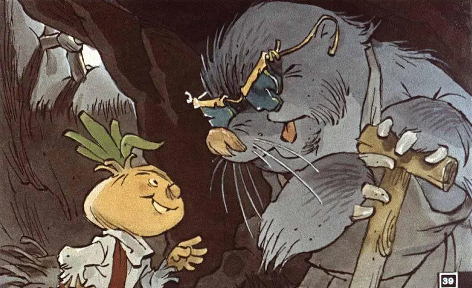 Animatie cu un personaj vesel și un alt personaj mai mare, purtând ochelari, într-o peșteră.