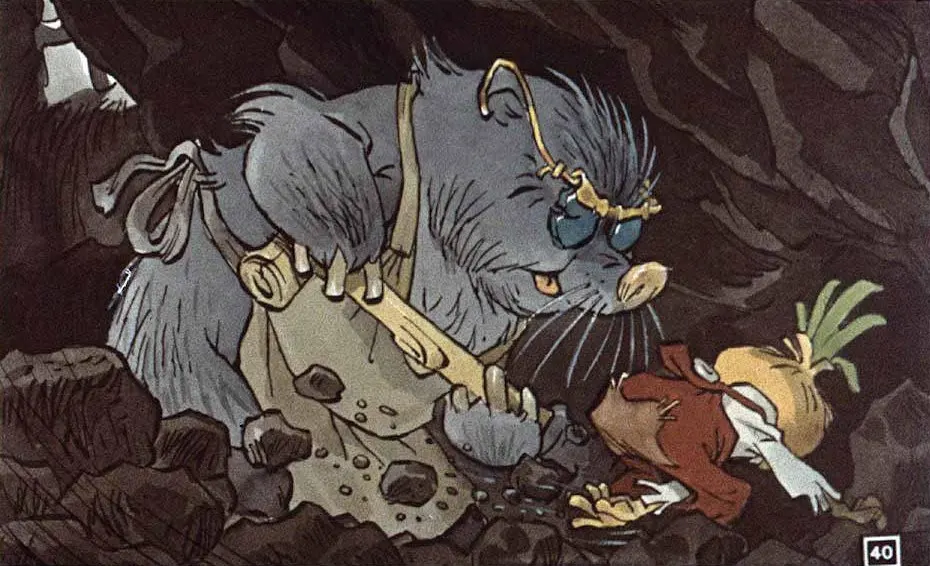 Ilustrație animată cu un animal mare și unul mic, într-o peșteră.