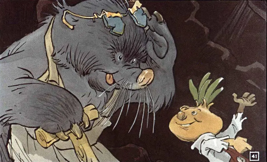 Ilustrație animată cu un animal mare și un personaj mic, amuzându-se într-un peisaj colorat.