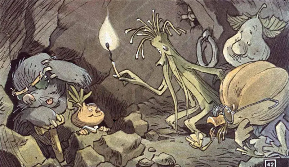 Ilustrație cu personaje fantastice într-o peșteră, discutând în jurul unei flăcări.