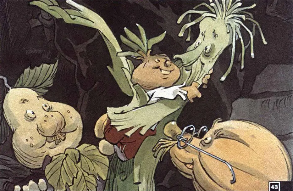 Imagine cu personaje animate dintr-o poveste, incluzând un personaj central cu un corp din plante care îmbrățișează un alt personaj, înconjurat de alte personaje vegetale. Scena are un fundal întunecat.