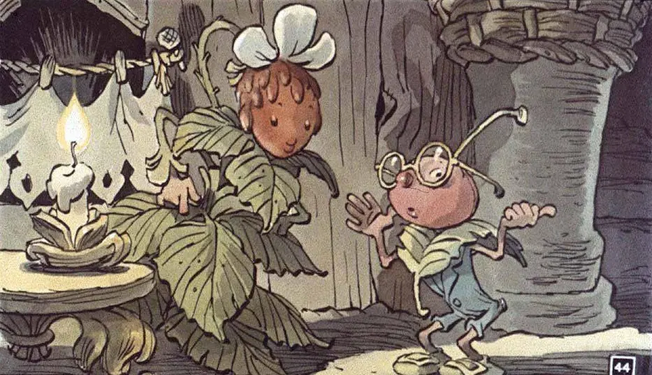 Ilustrație animată cu două personaje: unul cu frunze și flori, iar celălalt cu ochelari, stând în apropierea unei lumânări aprinse.