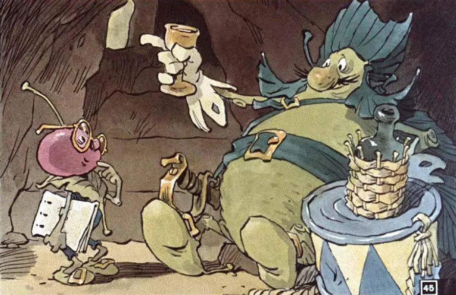 O scenă animată cu un personaj mai mic, purtând ochelari, și un personaj mai mare, cu ţinuta medievală, într-o peșteră.