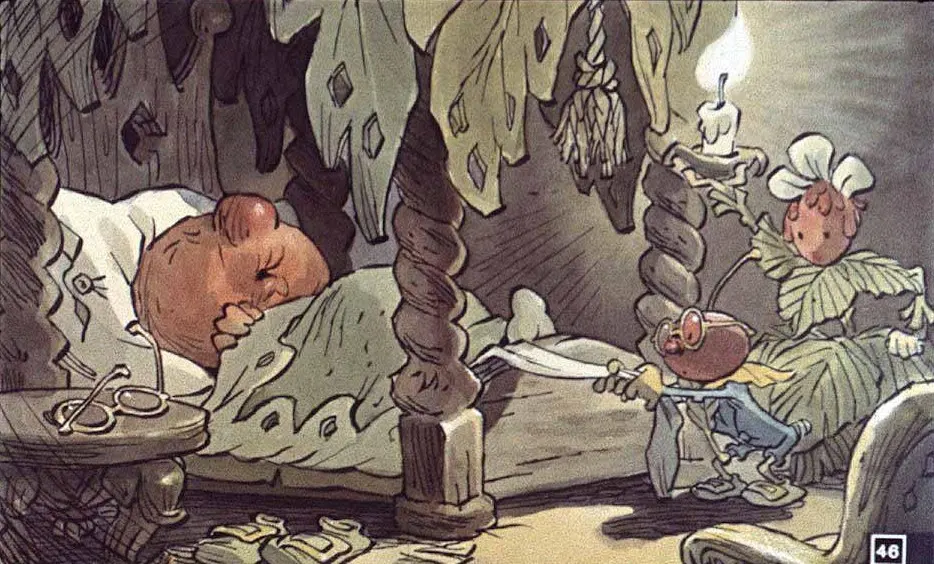 Ilustrație cu personaje animaliere într-o cameră, unul dintre ele fiind îmbrăcat, iar altul purtând o sabie, în lumina unei lumânări.