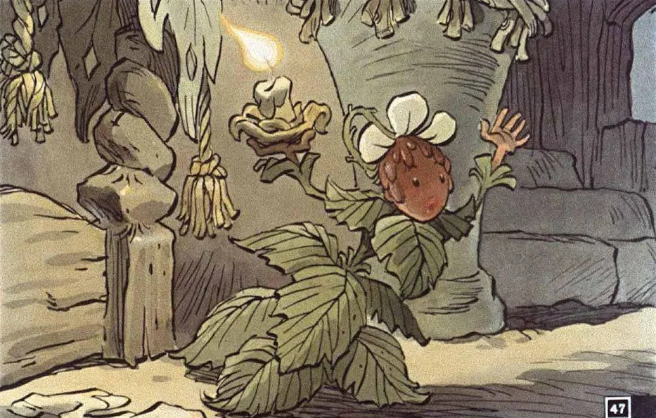 Imagine ilustrativă cu un personaj fantezist așezat lângă un perete, purtând o floare pe cap și ținând în mână o lumânare aprinsă.