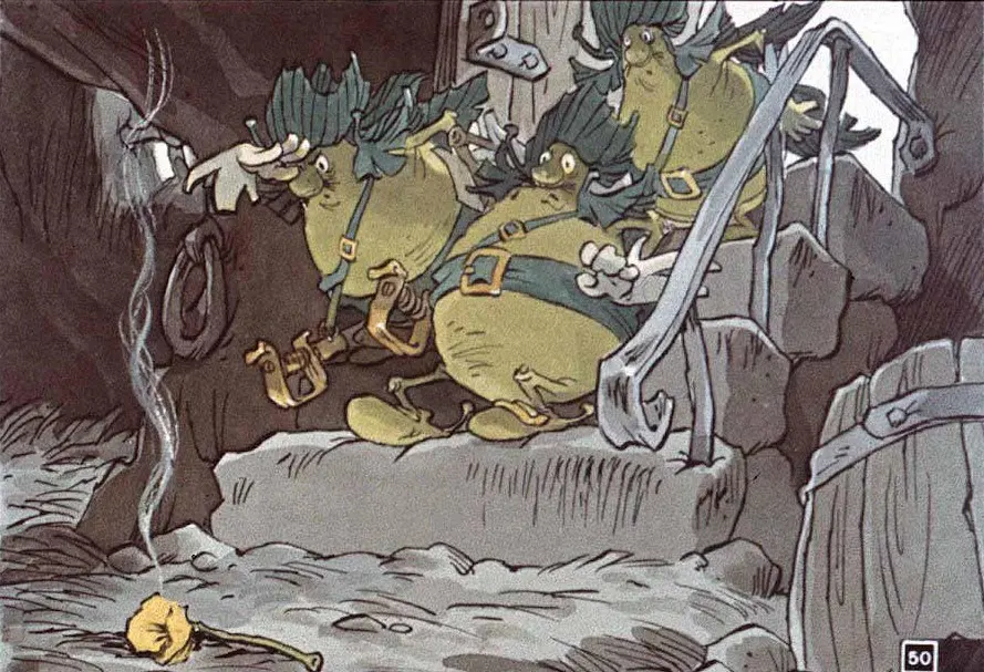 Ilustrație cu patru personaje cu aspect ciudat stând pe o scară, într-un mediu întunecos.