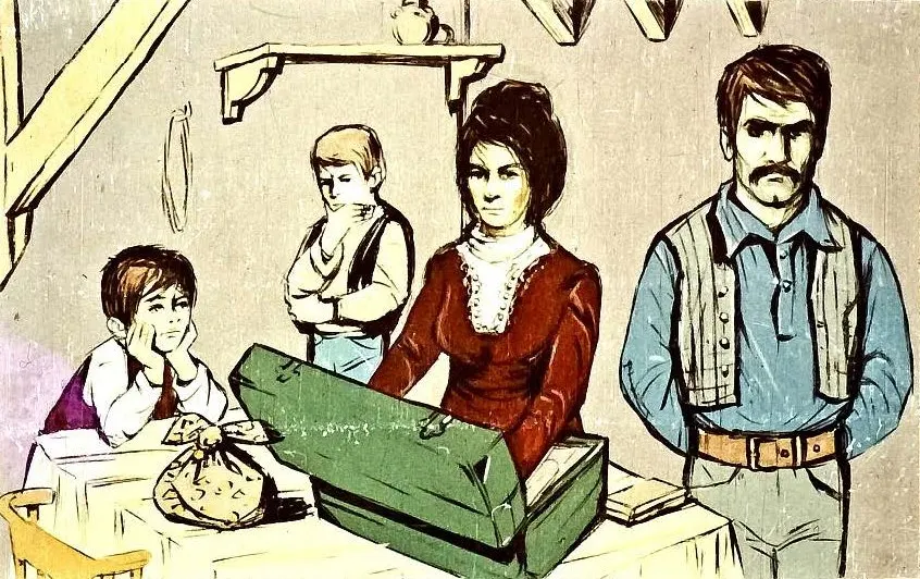 Ilustrație cu patru persoane într-un interior rustic, două dintre ele stând lângă un birou cu o ladă verde deschisă, în timp ce celelalte două privesc, una cu o expresie gânditoare.