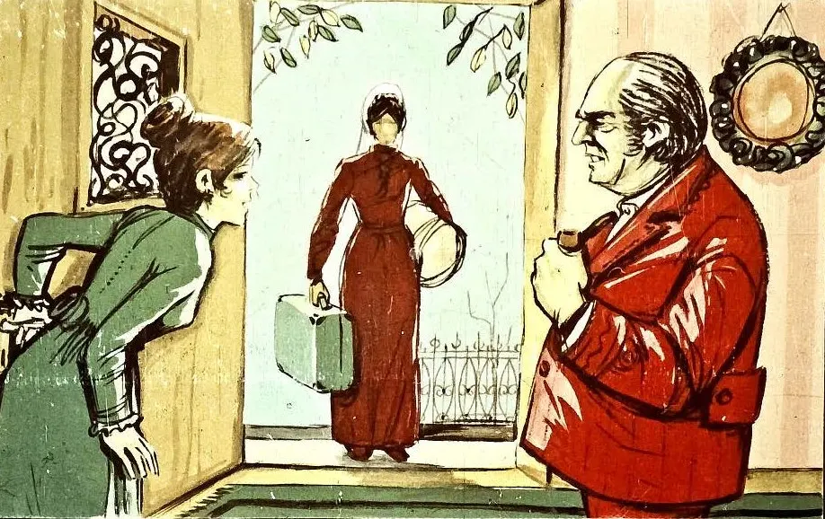 Ilustrație cu un bărbat într-un costum roșu care stă în fața unei uși, privindu-l pe o femeie într-o rochie roșie care intră cu o valiză, iar o altă femeie în verde se uită spre el.