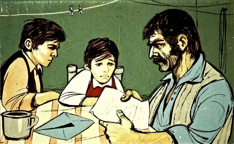 O scenă ilustrată cu un bărbat și doi copii stând la o masă, bărbatul ținând o scrisoare, iar copiii arătând preocupare.