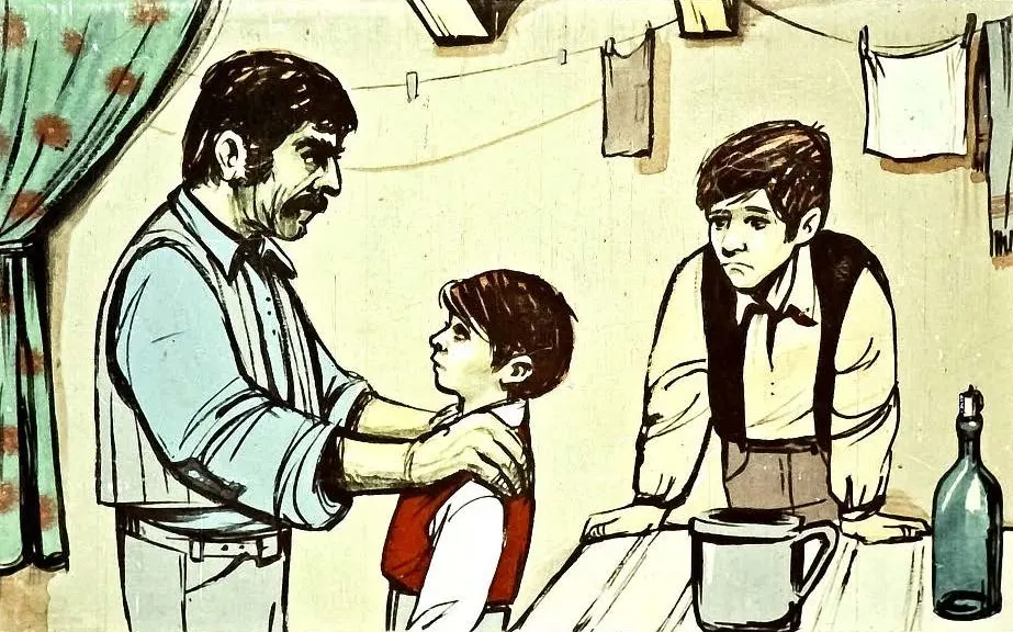 Ilustrație care prezintă trei personaje: un bărbat care vorbește cu un copil, în timp ce un alt băiat stă lângă ei. Fundalul include un geam cu draperie și rufe suspendate.