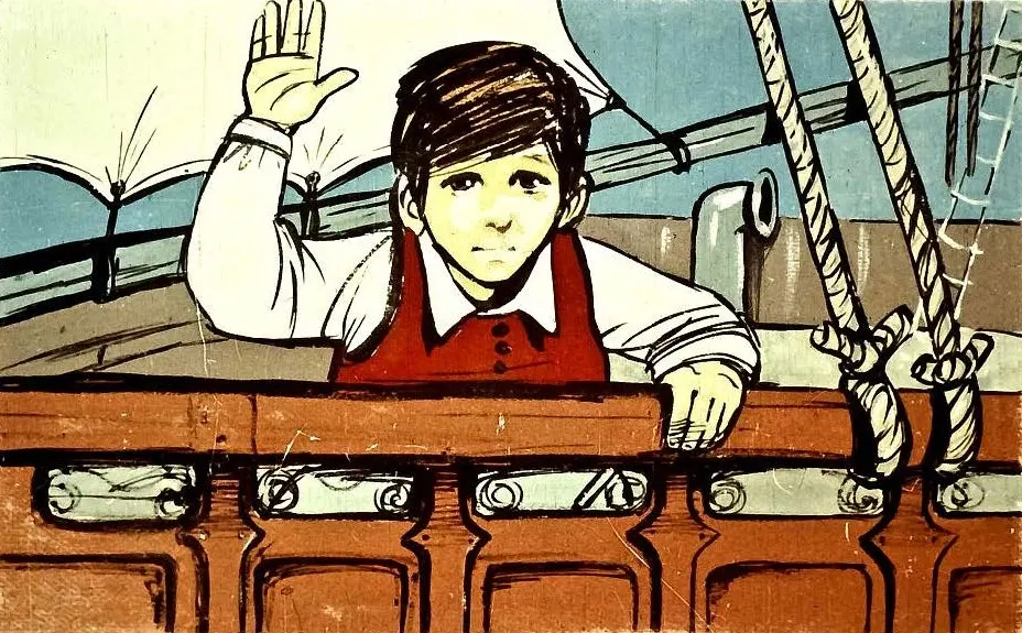 Un băiat cu o cămașă albă și vestă roșie stă pe o punte de navă, ridicând o mână într-un gest de salut.