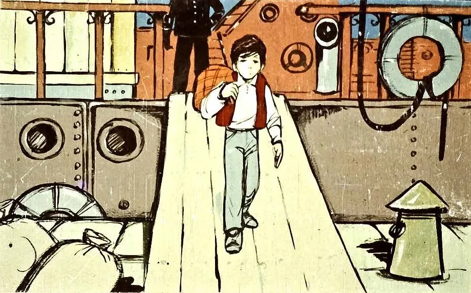 Ilustrație cu un băiat care traversează o punte pe un vas, împreună cu diverse elemente de decor nautic.