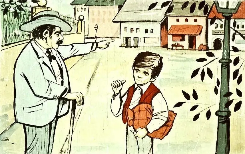 O ilustrație colorată care arată un băiat și un bărbat adult interacționând într-un peisaj urban.