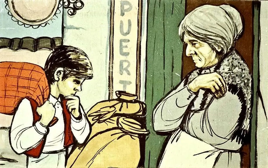 O pictură în care o femeie în vârstă privește cu o expresie întristată, în timp ce un băiat se uită în jos, având un rucsac pe umăr și o mână la gură.