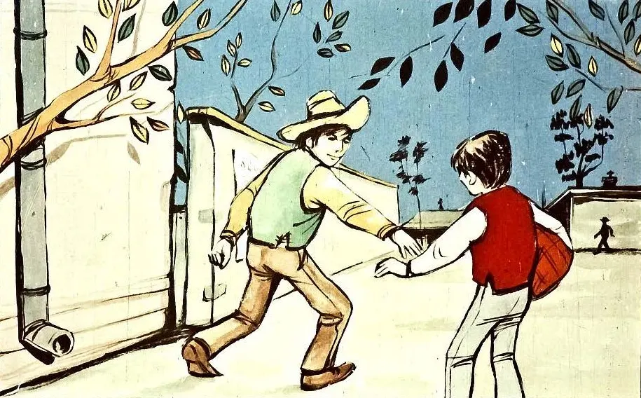 Ilustrație colorată cu doi băieți într-un peisaj urban. Un băiat poartă o pălărie și are un zâmbet prietenos, în timp ce celălalt, cu o jachetă roșie, se pregătește să interacționeze. Fundalul include copaci și o clădire.