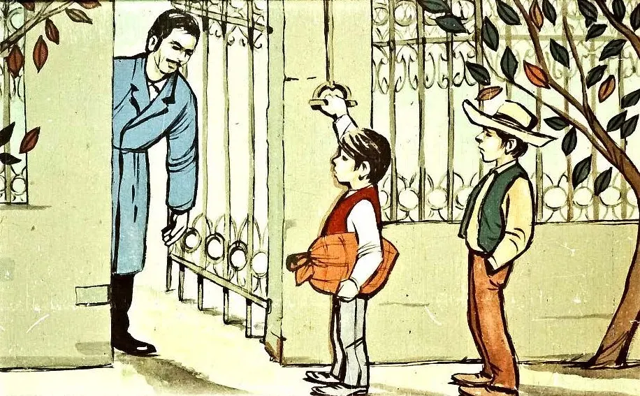 Ilustrație cu doi băieți și un bărbat la ușa unei case, unul dintre băieți poartă un rucsac și un păun pe umăr, iar celălalt este îmbrăcat în costum de cowboy.