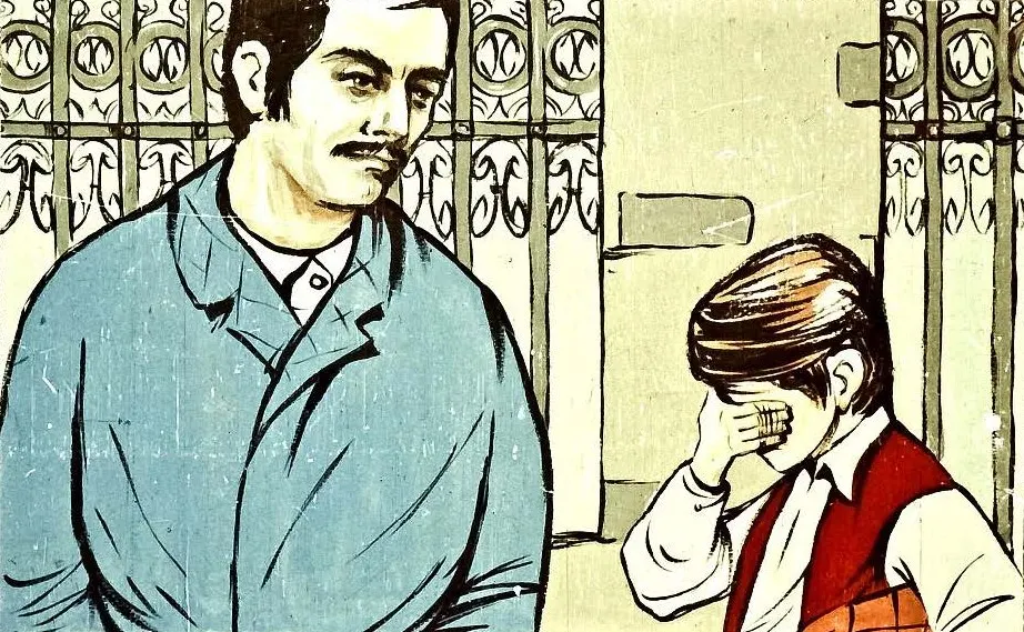 Ilustrație cu un adult și un copil, copilul își ascunde fața, iar adultul îl privește cu o expresie serioasă.