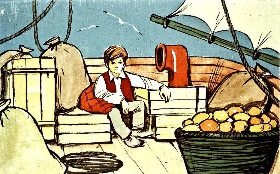Ilustrație cu un băiat așezat pe o barcă, înconjurat de lăzi de marfă și un coș cu citrice.