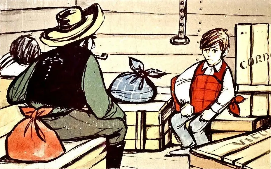 Ilustrație care arată un băiat îmbrăcat în vestă roșie stând pe o cutie, în timp ce un bărbat cu pălărie și pipă îl ascultă, înconjurați de cutii și un sac.