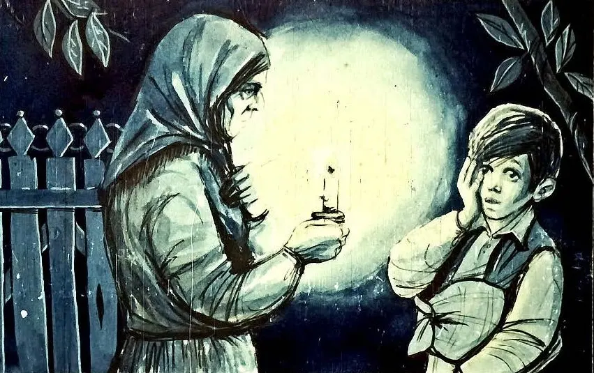 O ilustrare în care un băiat se uită, surprins, la o femeie în vârstă care ține o lumânare, cu un fundal luminos și o gardină în spate.
