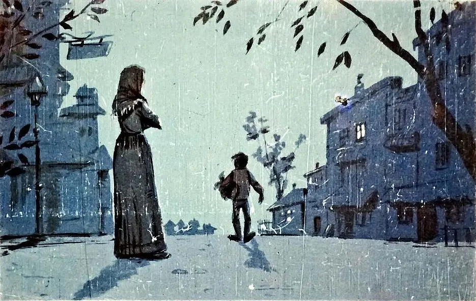 O ilustrație artistică în care un băiat și o femeie se află pe o stradă pustie, înconjurați de clădiri, în tonuri de albastru.