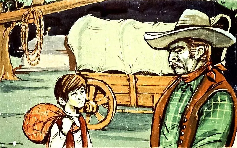 Ilustrație cu un bărbat cu pălărie și un băiat, amândoi stând lângă o căruță. Băiatul are un rucsac și pare că ascultă bărbatul.