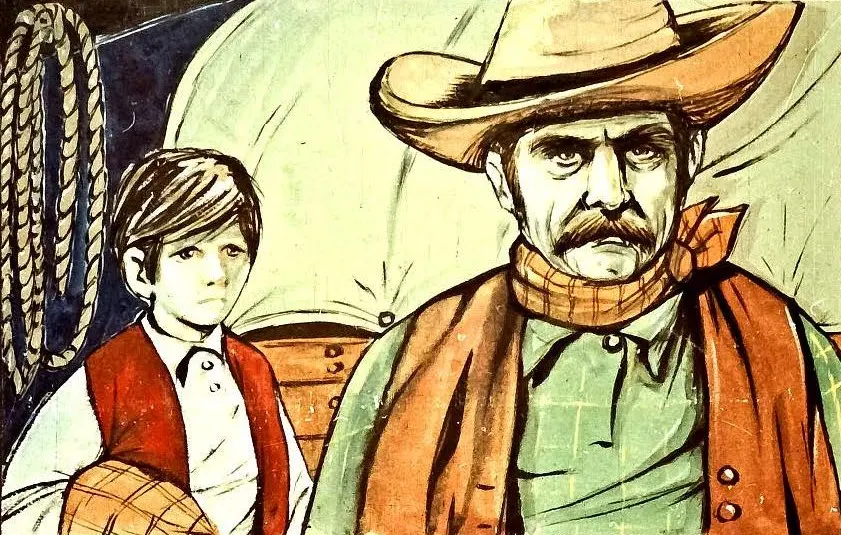 Illustration of a stern-looking man wearing a cowboy hat and scarf, alongside a boy with a neutral expression, set against a backdrop of western-style elements.