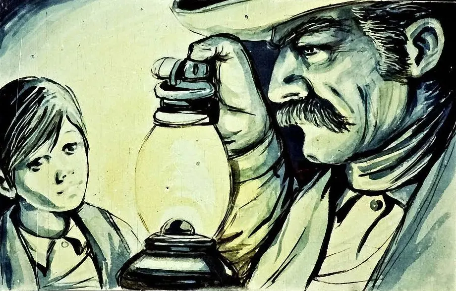 O ilustrație în care un bărbat cu mustață ține o lanternă și se uită la un băiat. Atmosfera scenei sugerează o interacțiune între cele două personaje.