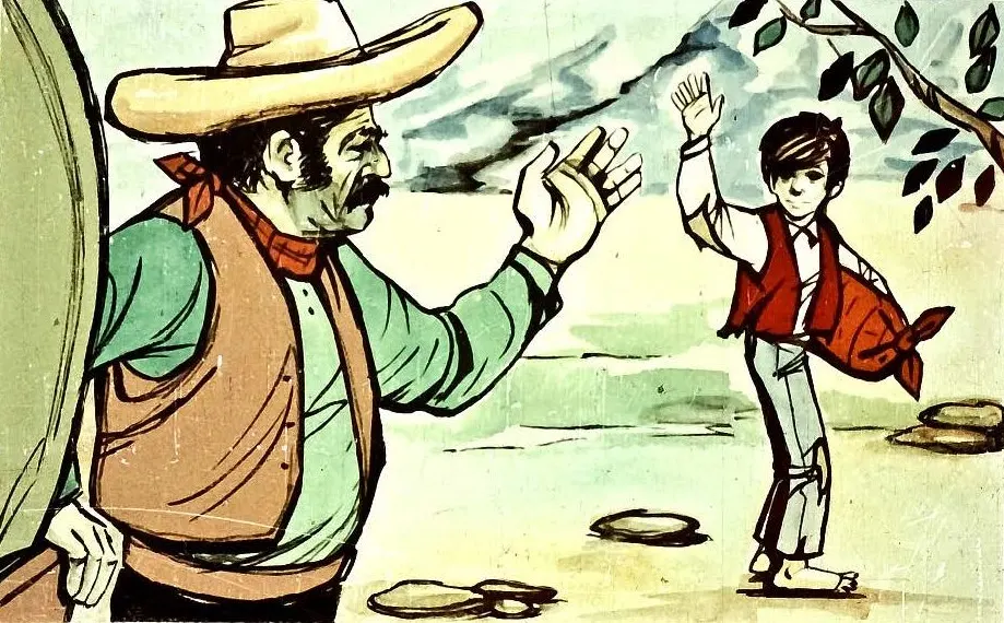 Ilustrație cu un băiat care salută un bărbat cu mustață, îmbrăcat în costumul tradițional, pe o plajă sau într-un peisaj natural.