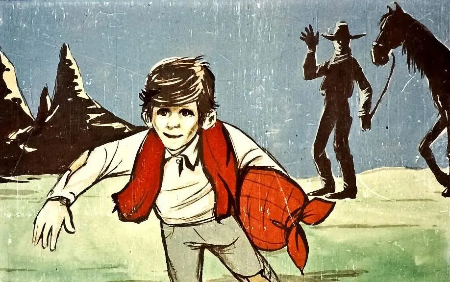 Ilustrație care prezintă un băiat care aleargă cu un sac roșu. În fundal se află o umbră de cowboy și un cal, iar peisajul include munți.