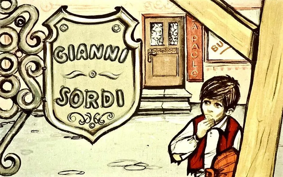 Un băiat stă în fața unui magazin cu un semn care spune 'CIANNI SORDI'.