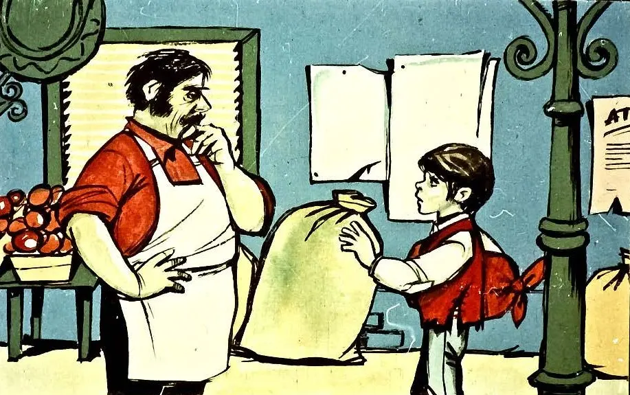 Ilustrație colorată cu un băiat care discută cu un vânzător într-un magazin, înconjurat de saci și produse.