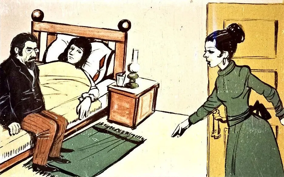 Ilustrație colorată care prezintă o scenă de interior, cu o femeie stând în ușa unei camere, îmbrăcată într-o rochie verde, îndreptându-se spre două persoane din pat: o femeie întinsă pe pat și un bărbat așezat pe margine.