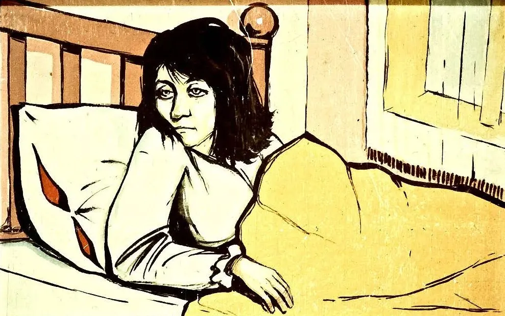 Ilustrație artistică a unei femei care stă în pat, cu o expresie pensivă, acoperită parțial cu o pătură galbenă.