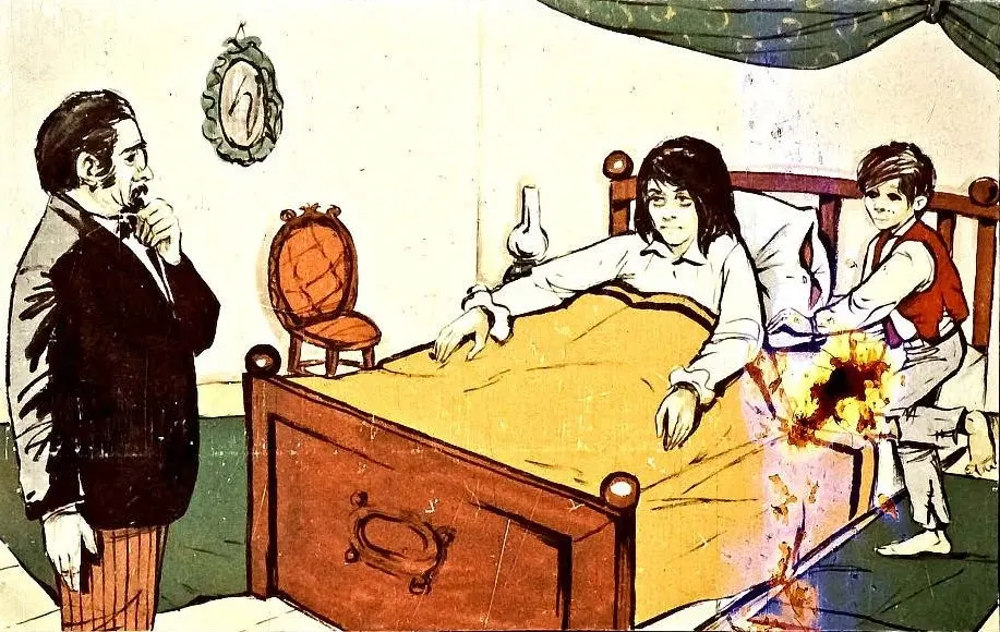 Ilustrație cu o femeie culcată în pat, un băiat lângă ea și un bărbat care o observă, într-o cameră decorată simplu.