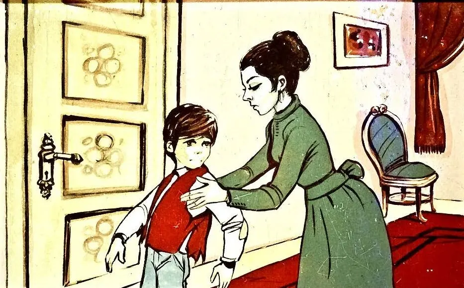 O femeie îmbrăcată elegant, cu părul prins, se află în fața unei uși, ținând de umărul unui băiat cu o vestă roșie. În fundal se poate observa un scaun și un tablou pe perete.