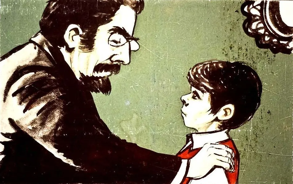 Ilustrație care prezintă un bărbat vorbind cu un băiat, cu expresii intense pe fețele lor, pe un fundal verde.