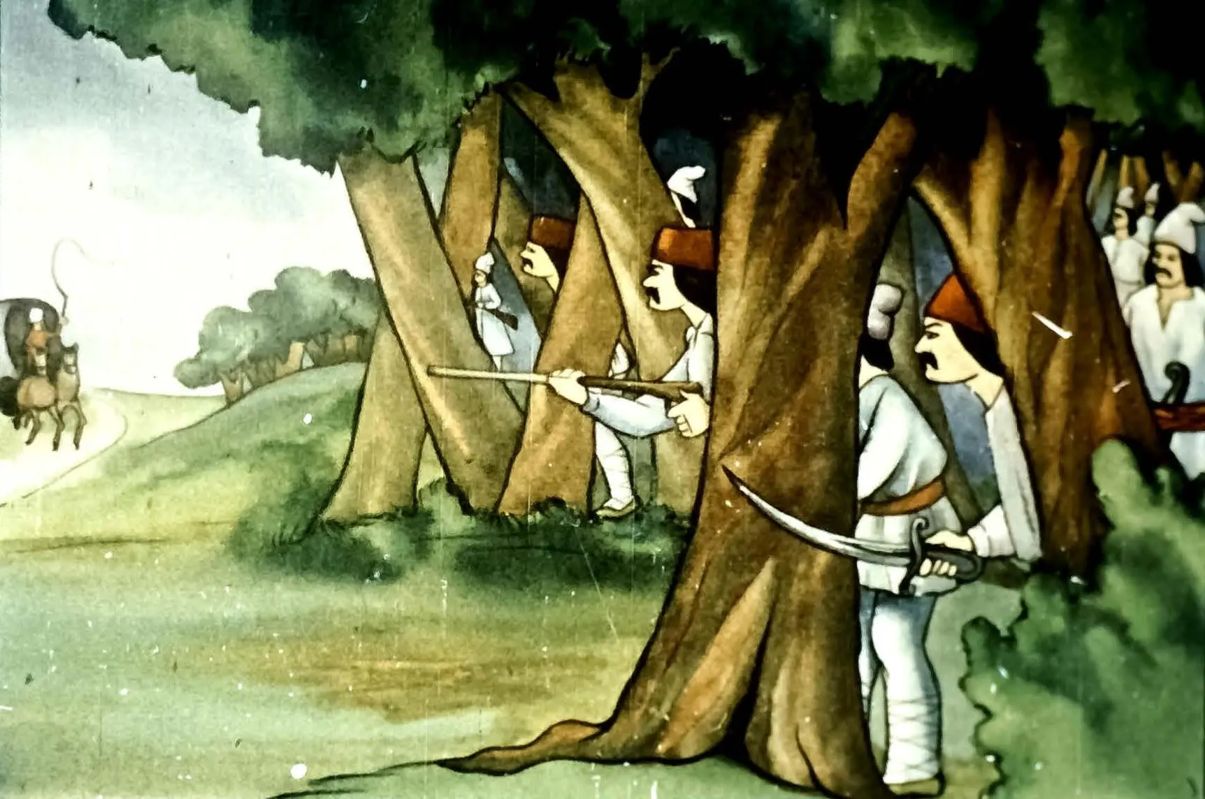 Ilustrație cu haiduci ascunzându-se printre copaci, pregătind un atac împotriva boierilor, cu peisaj de pădure în fundal.